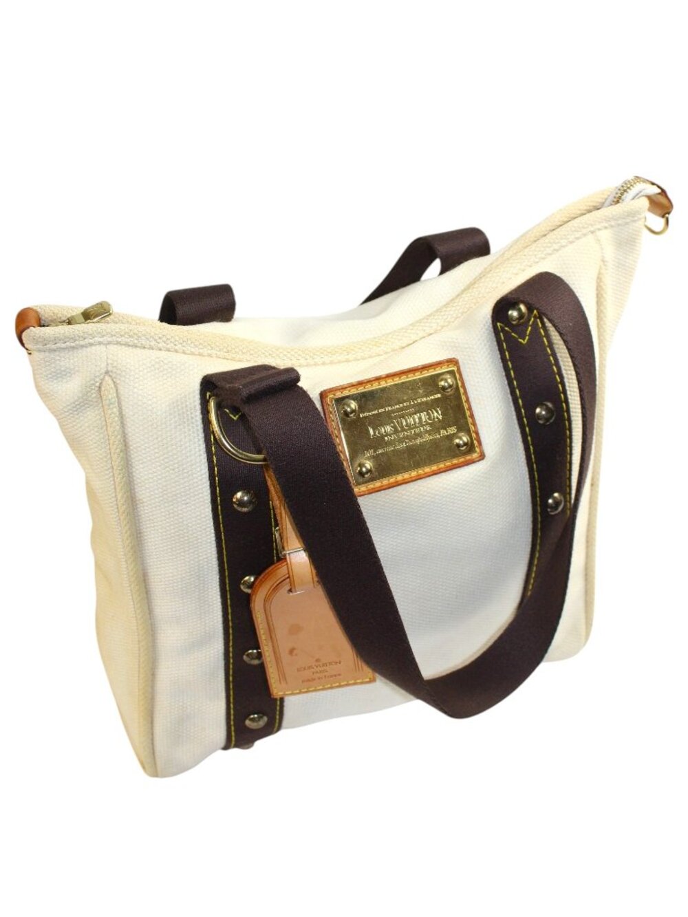 Louis Vuitton Antigua Cabas MM Cream Canvas Brown Shoulder Strap Tote